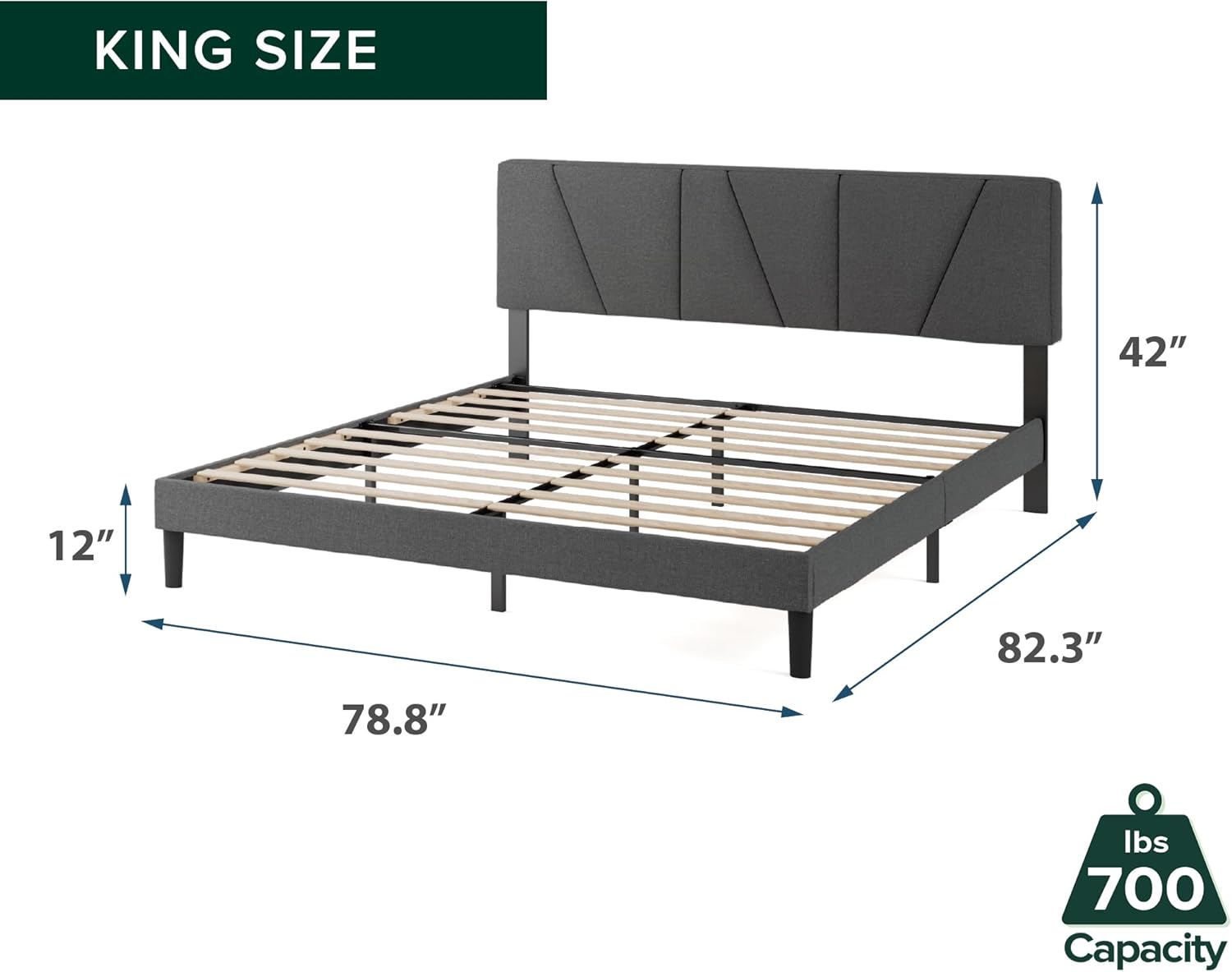 Zinus King Maya Upholstered Bed Frame with Asymmetric Headboard, Durable Wooden Slats, Sturdy Framework, Noise Free Sleep, No Box Spring Needed, Easy Assembly, Eco Friendly Packaging, Dark Grey