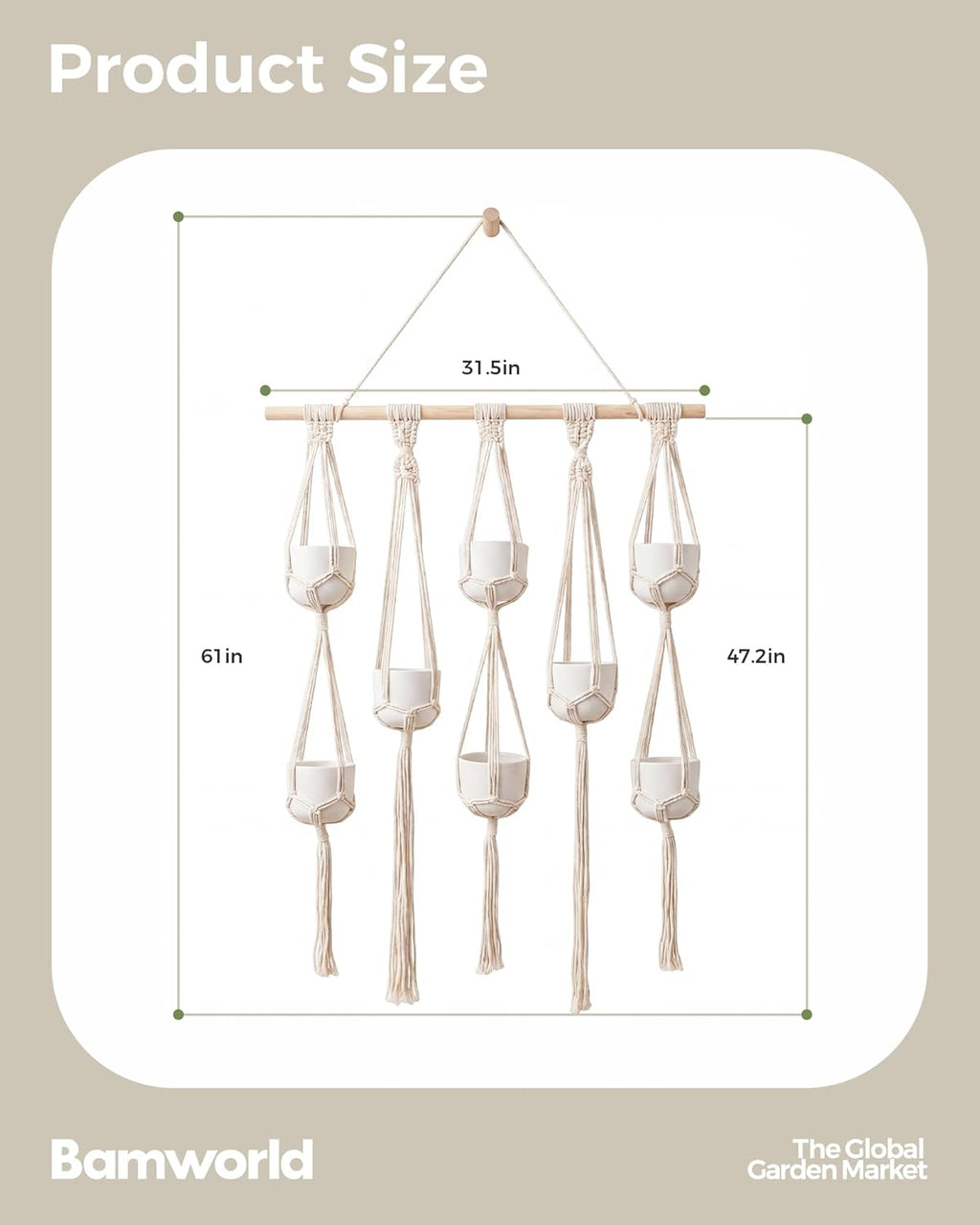 Bamworld Macrame Plant Hanger with Wooden Dowel Multi-Tier Hanging Planters for Indoor Plants Wall Mounted Hanging Plant Holder with 8 Pockets Boho Hanging Baskets for Wall Decor(Pot Not Included)