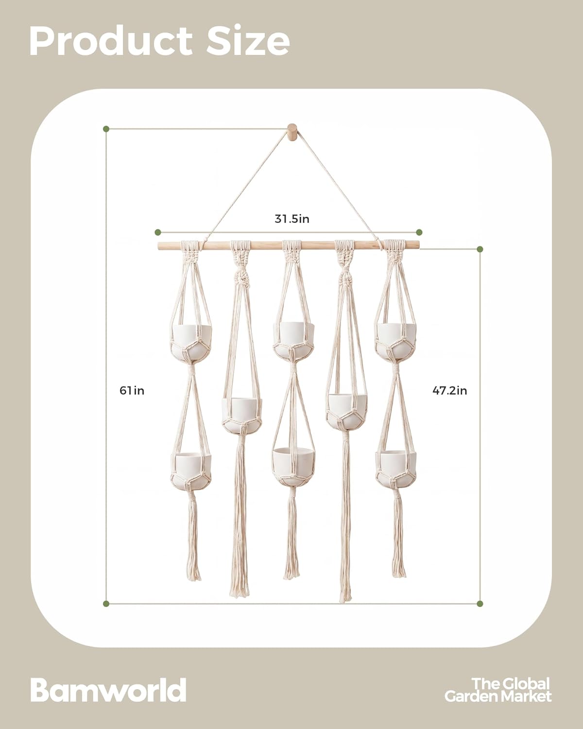 Bamworld Macrame Plant Hanger with Wooden Dowel Multi-Tier Hanging Planters for Indoor Plants Wall Mounted Hanging Plant Holder with 8 Pockets Boho Hanging Baskets for Wall Decor(Pot Not Included)