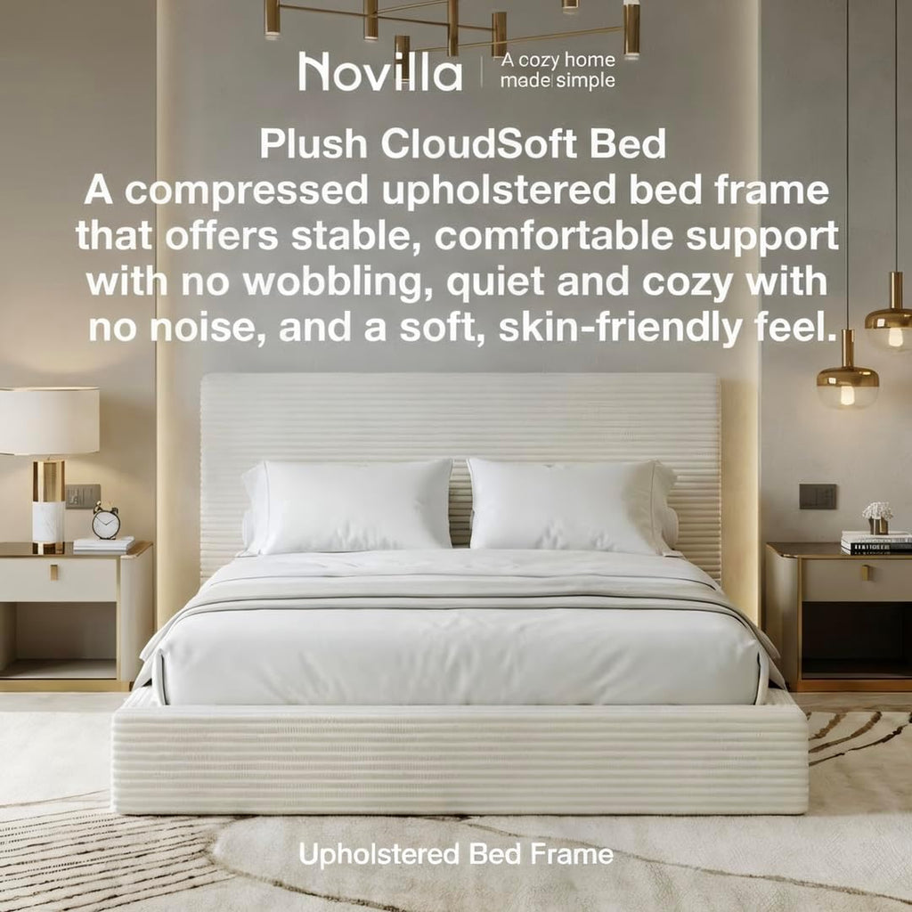 Novilla Queen Size Bed Frame, Plush CloudSoft Bed, Corduroy Upholstered Platform Bed Frame with Headboard, Easy Assembly, No Box Spring Needed, Modern Soft Bed Frame, White