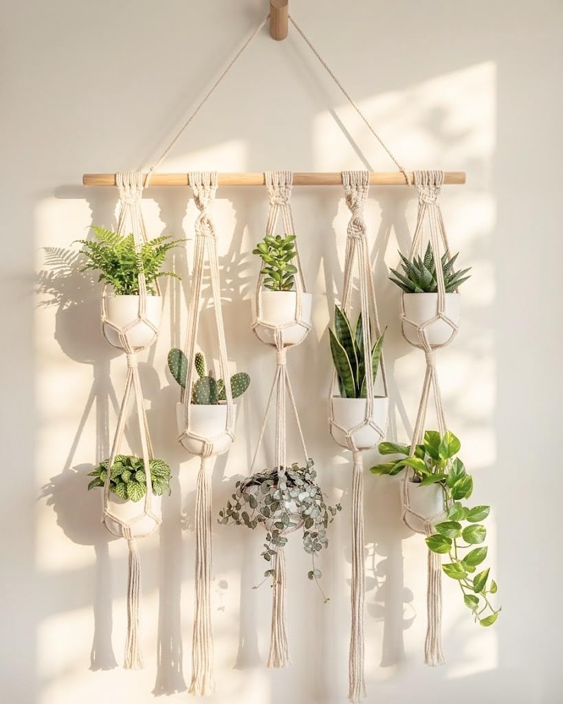 Bamworld Macrame Plant Hanger with Wooden Dowel Multi-Tier Hanging Planters for Indoor Plants Wall Mounted Hanging Plant Holder with 8 Pockets Boho Hanging Baskets for Wall Decor(Pot Not Included)