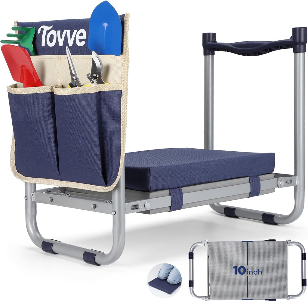 Tovve Foldable Garden Kneeler and Seat, Heavy Duty Garden Stool with 10" Wide Detachable Kneeling Pad, Portable Garden Bench Chair with Large Garden Tool Bag, Gardening Gifts for Women, Seniors, Mom