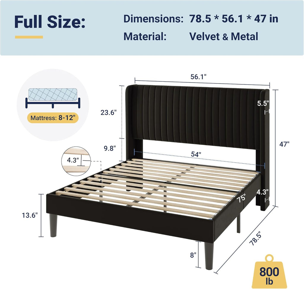 Black Full Size Velvet Platform Bed Frame, Wingback Tufted Headboard with Wooden Slats, No Box Spring Needed