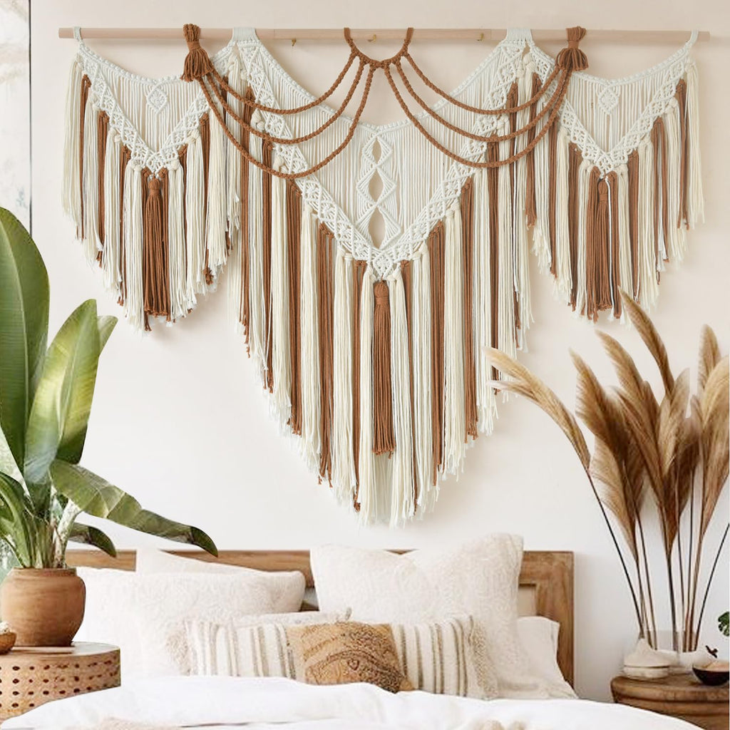 IOWER Macrame Wall Hanging Wedding Hanger Macrame Wall Decor Dorm Craftsmanship Handmade Tassel Knotting Boho Fiber Art Home Room Decor 47" W x 25" L