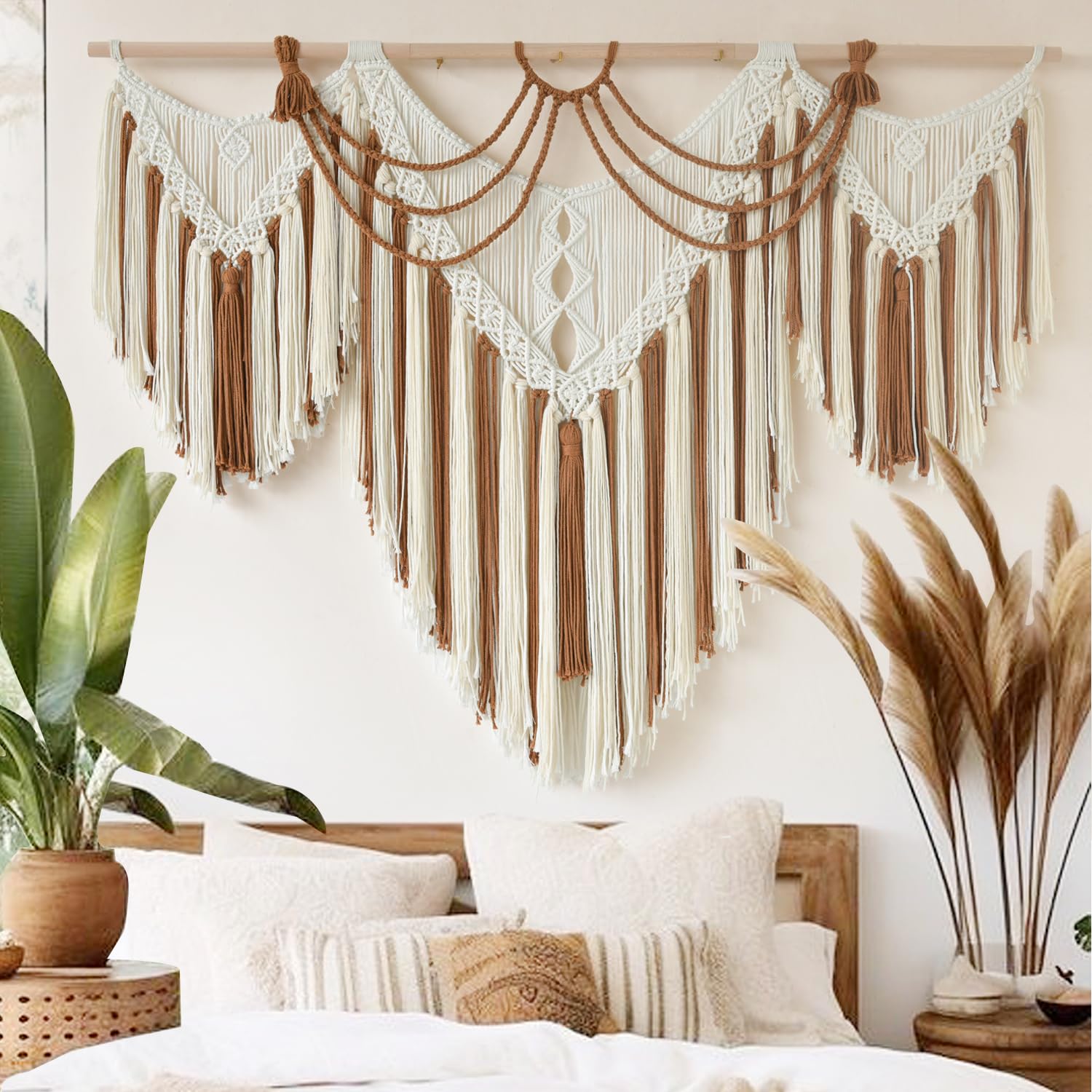 IOWER Macrame Wall Hanging Wedding Hanger Macrame Wall Decor Dorm Craftsmanship Handmade Tassel Knotting Boho Fiber Art Home Room Decor 47" W x 25" L