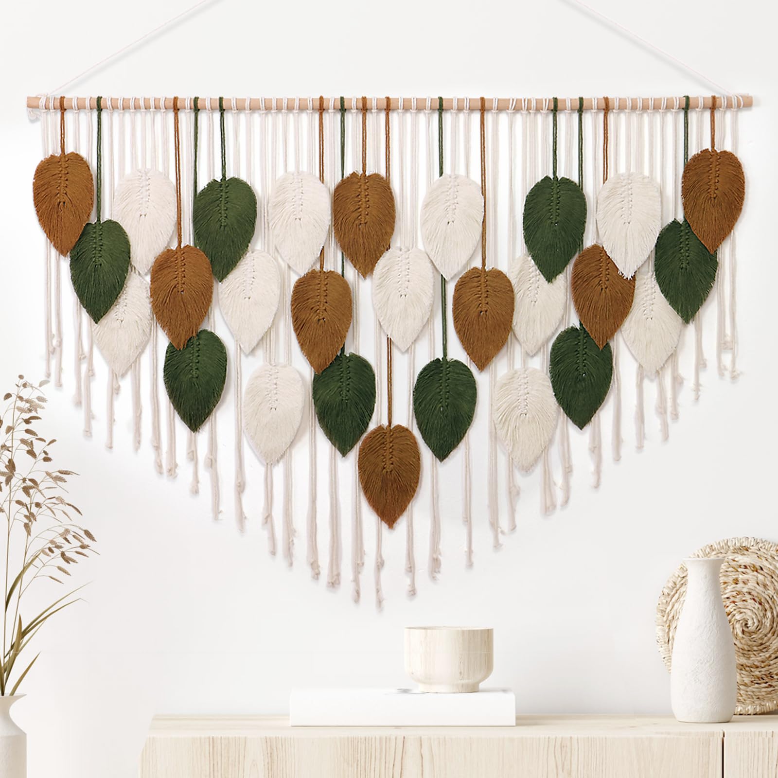 KHOYIME Large Macrame Wall Hanging Boho Woven Tapestry, Chic Home Decor Modern Bohemian Handmade Leaf Feather Wall Art Decorations for Apartment Dorm Living Room Bedroom Nursery Backdrop 39"W X 29.5"L