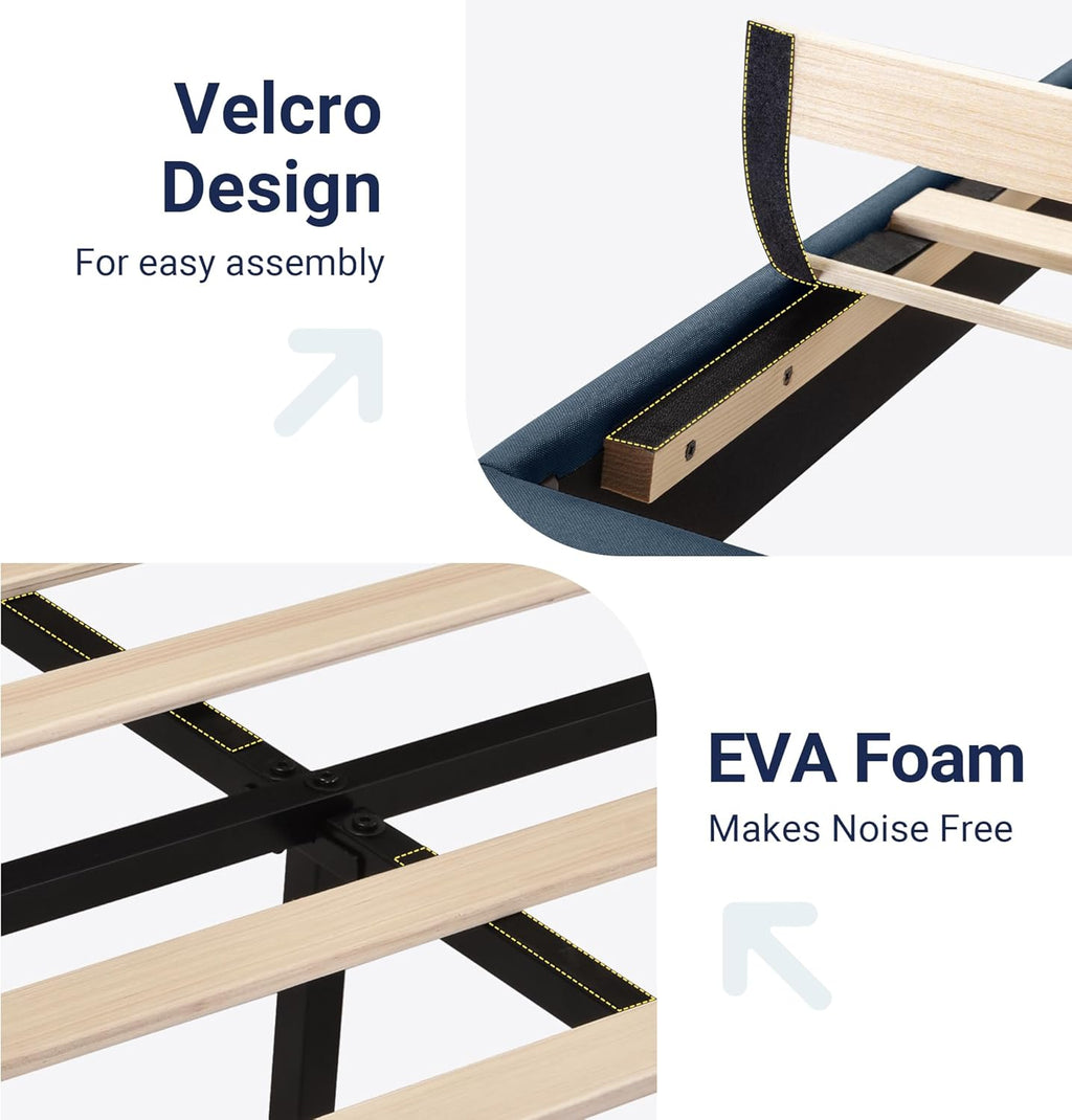 Allewie Queen Size Platform Bed Frame with Fabric Upholstered Headboard and Wooden Slats Support, Fully Upholstered Mattress Foundation/No Box Spring Needed/Easy Assembly, Navy Blue
