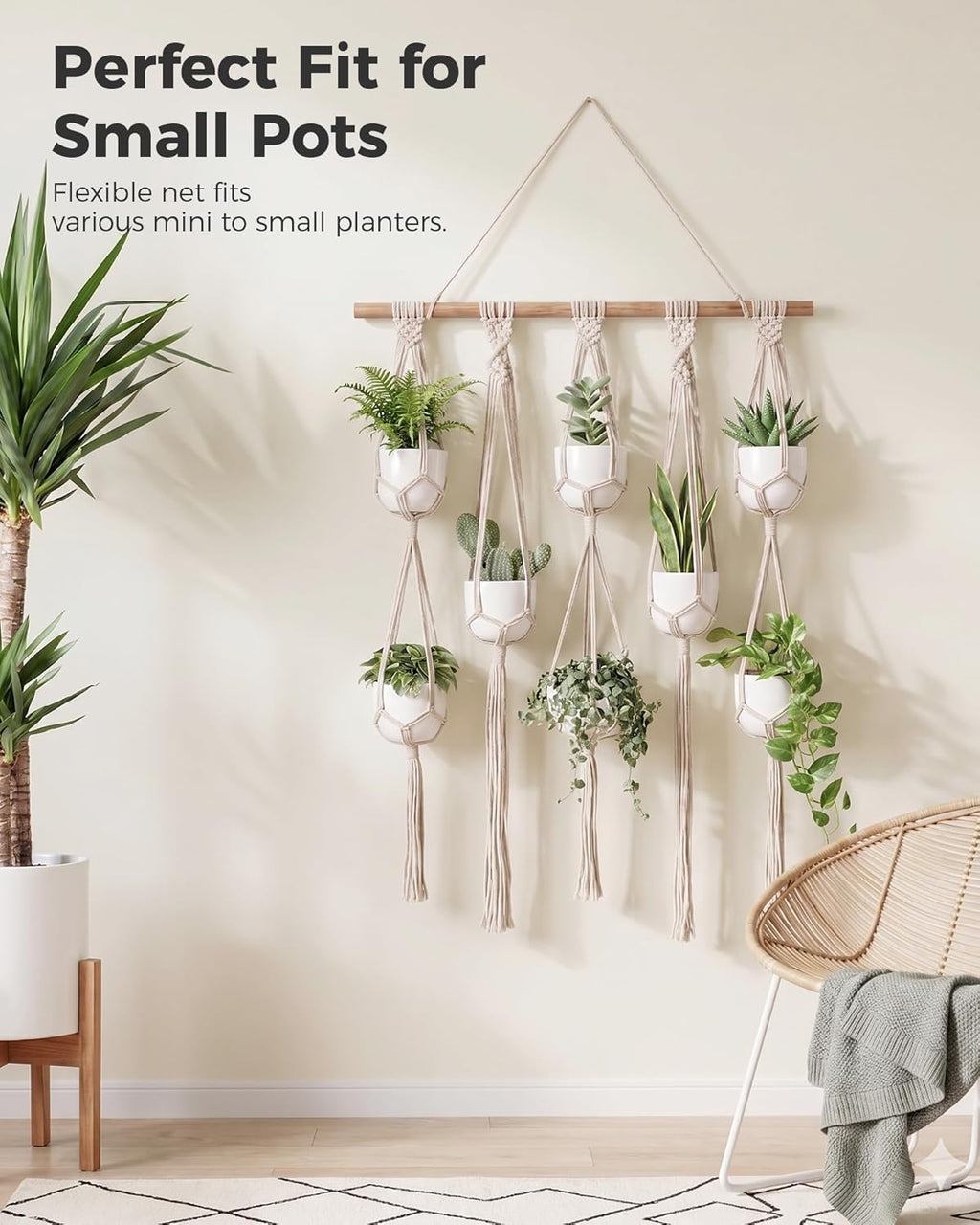 Bamworld Macrame Plant Hanger with Wooden Dowel Multi-Tier Hanging Planters for Indoor Plants Wall Mounted Hanging Plant Holder with 8 Pockets Boho Hanging Baskets for Wall Decor(Pot Not Included)