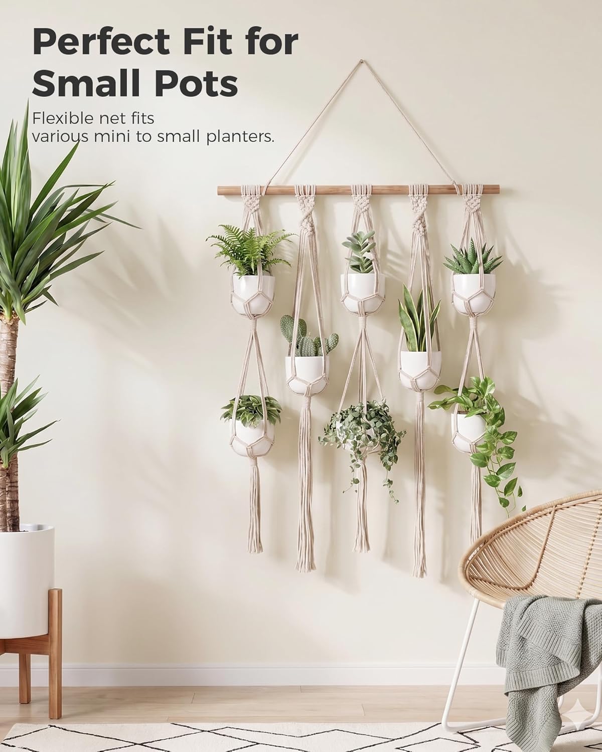 Bamworld Macrame Plant Hanger with Wooden Dowel Multi-Tier Hanging Planters for Indoor Plants Wall Mounted Hanging Plant Holder with 8 Pockets Boho Hanging Baskets for Wall Decor(Pot Not Included)