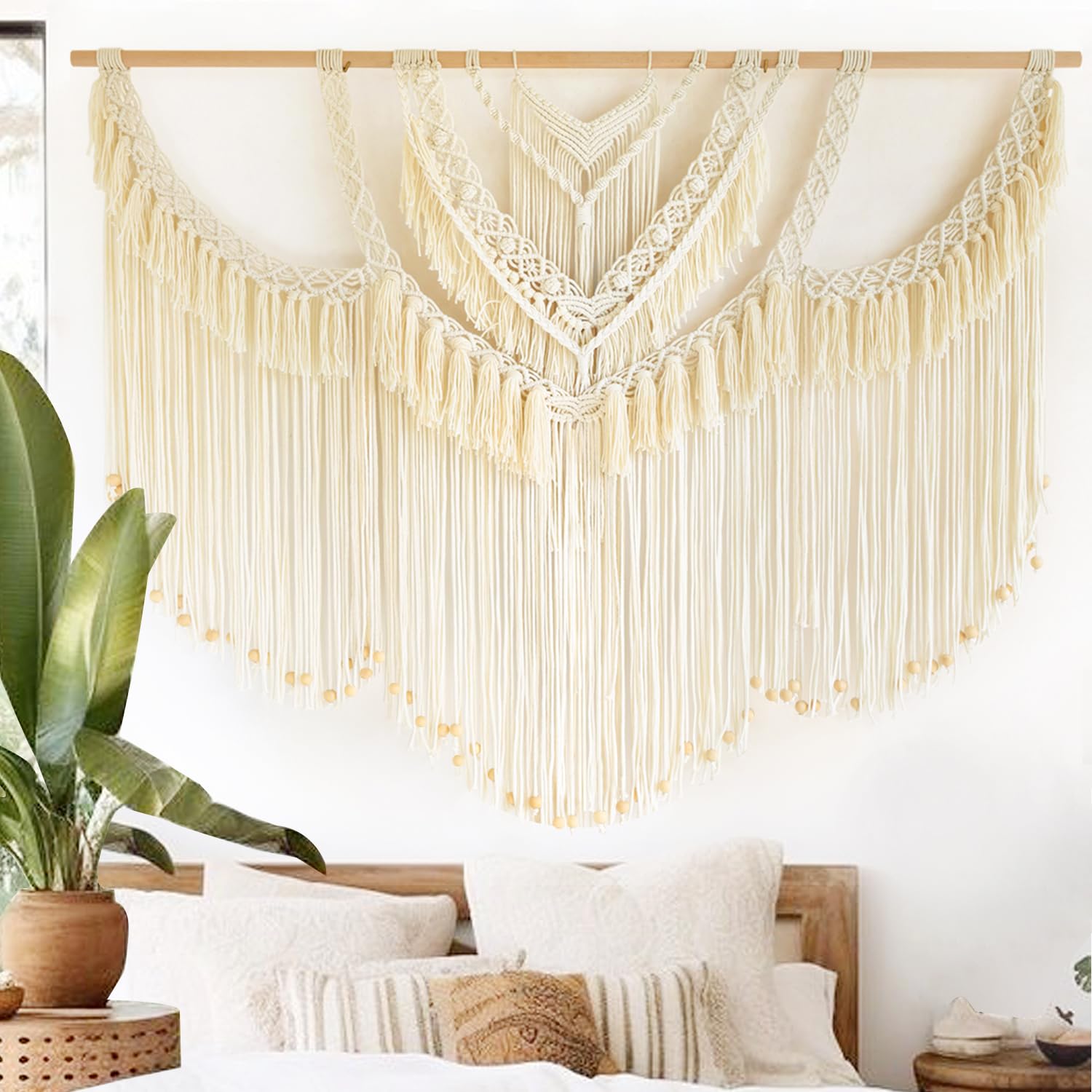 IOWER Macrame Wall Hanging Wedding Hanger Macrame Wall Decor Dorm Craftsmanship Handmade Tassel Knotting Boho Fiber Art Home Room Decor 47" W x 25" L