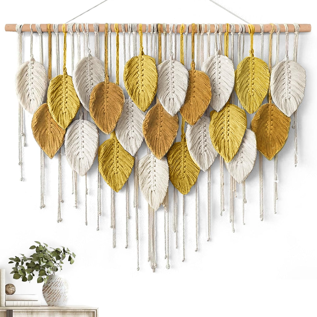 KHOYIME Large Macrame Wall Hanging Boho Woven Tapestry, Chic Home Decor Modern Bohemian Handmade Leaf Feather Wall Art Decorations for Apartment Dorm Living Room Bedroom Nursery Backdrop 39"W X 29.5"L