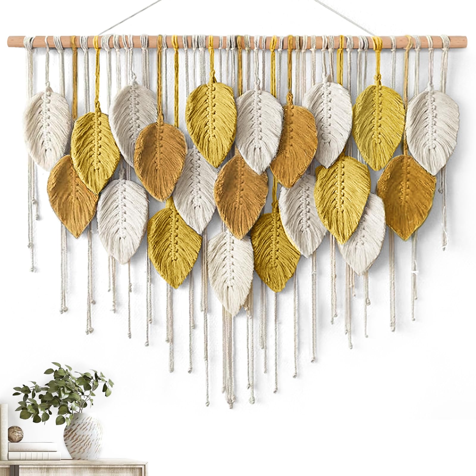 KHOYIME Large Macrame Wall Hanging Boho Woven Tapestry, Chic Home Decor Modern Bohemian Handmade Leaf Feather Wall Art Decorations for Apartment Dorm Living Room Bedroom Nursery Backdrop 39"W X 29.5"L