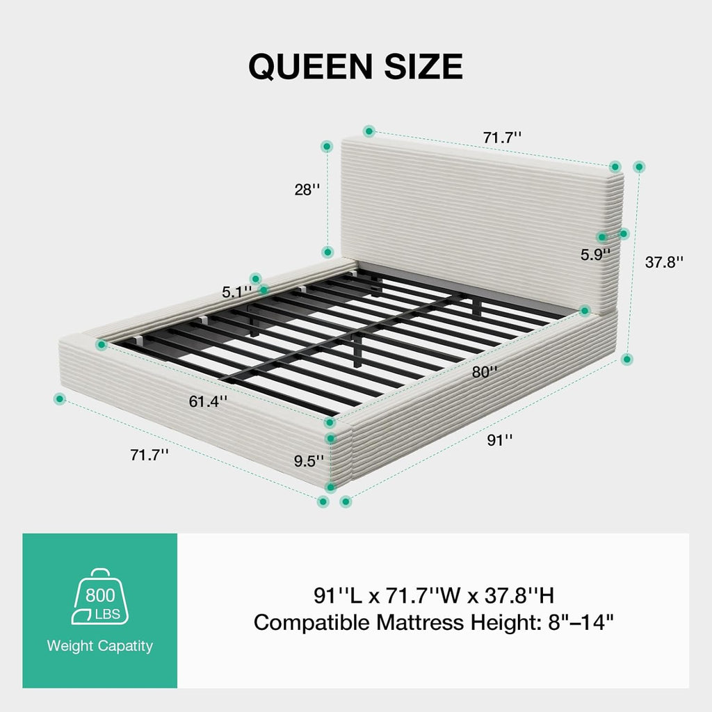 Novilla Queen Size Bed Frame, Plush CloudSoft Bed, Corduroy Upholstered Platform Bed Frame with Headboard, Easy Assembly, No Box Spring Needed, Modern Soft Bed Frame, White