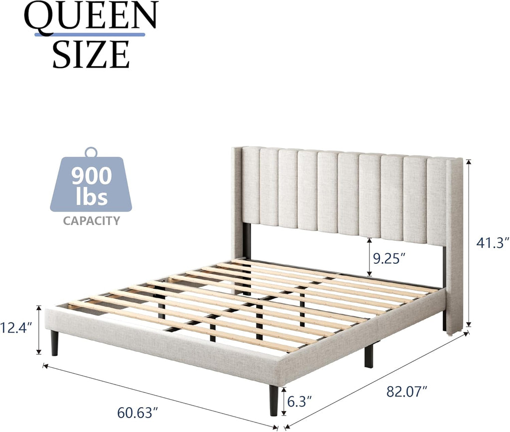 Gruwans Queen Size Bed Frame with Upholstered Wingback Headboard, Easy Assemnly Platform Bed, Wooden Slat Support No Box Spring Needed, Sand