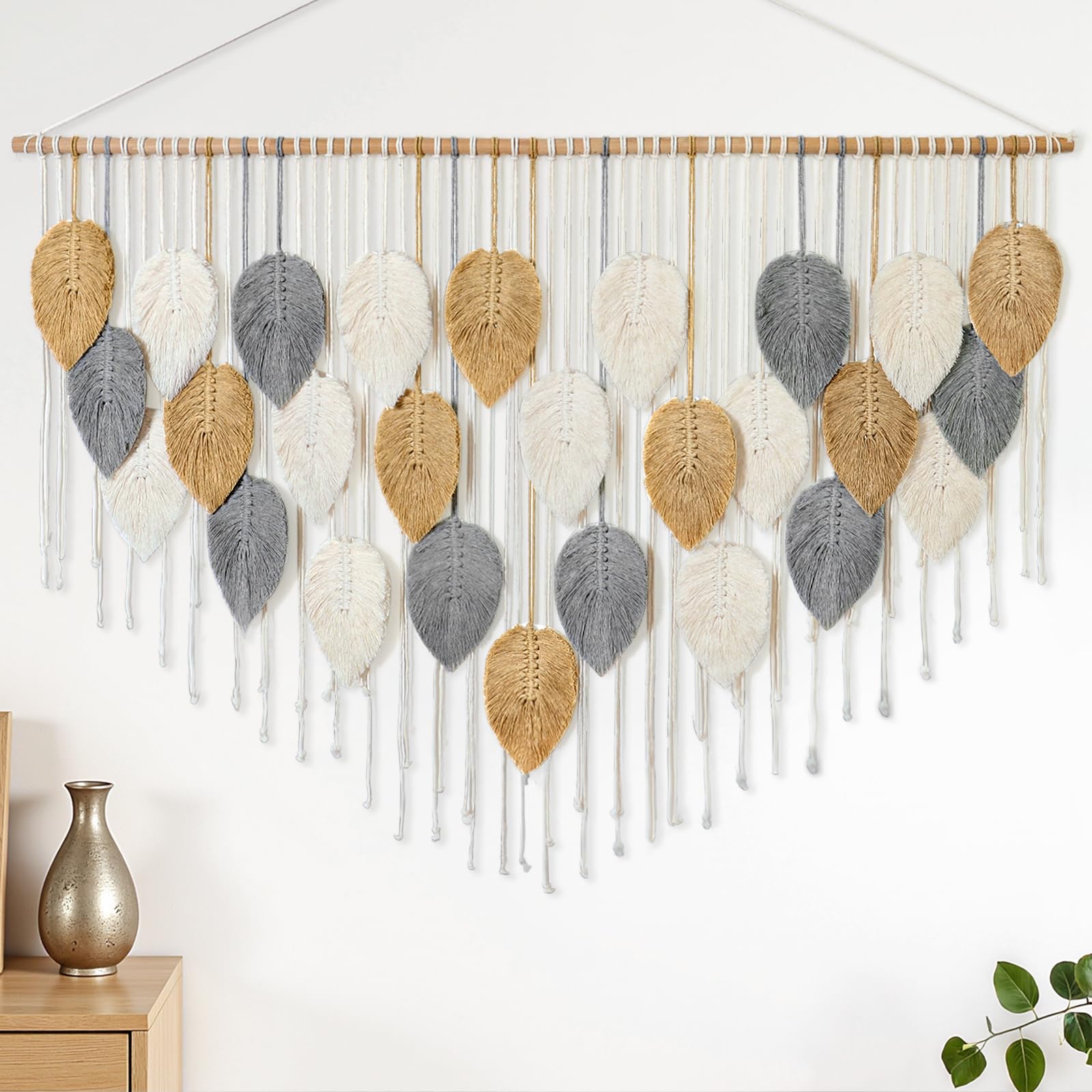 KHOYIME Large Macrame Wall Hanging Boho Woven Tapestry, Chic Home Decor Modern Bohemian Handmade Leaf Feather Wall Art Decorations for Apartment Dorm Living Room Bedroom Nursery Backdrop 39"W X 29.5"L