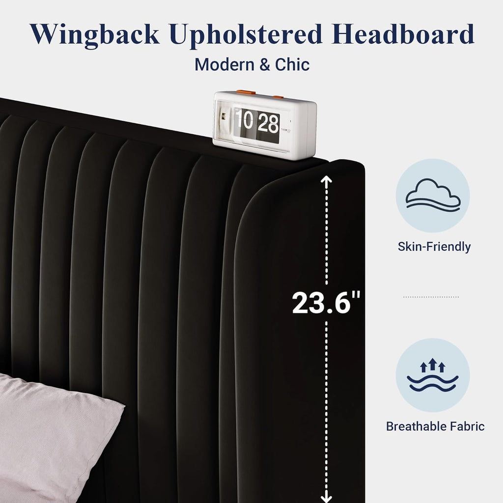 Black Full Size Velvet Platform Bed Frame, Wingback Tufted Headboard with Wooden Slats, No Box Spring Needed
