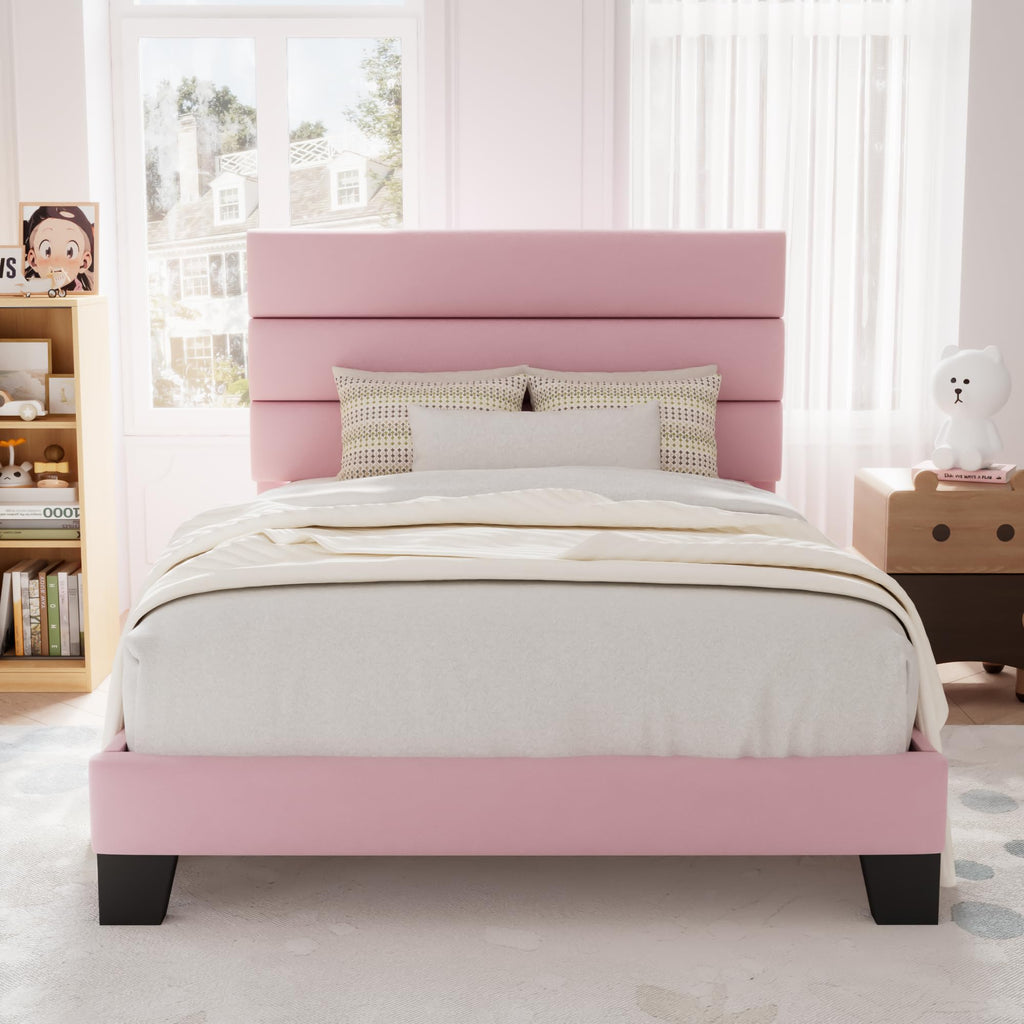 Allewie Queen Size Platform Bed Frame with Fabric Upholstered Headboard and Wooden Slats Support, Fully Upholstered Mattress Foundation/No Box Spring Needed/Easy Assembly, Navy Blue