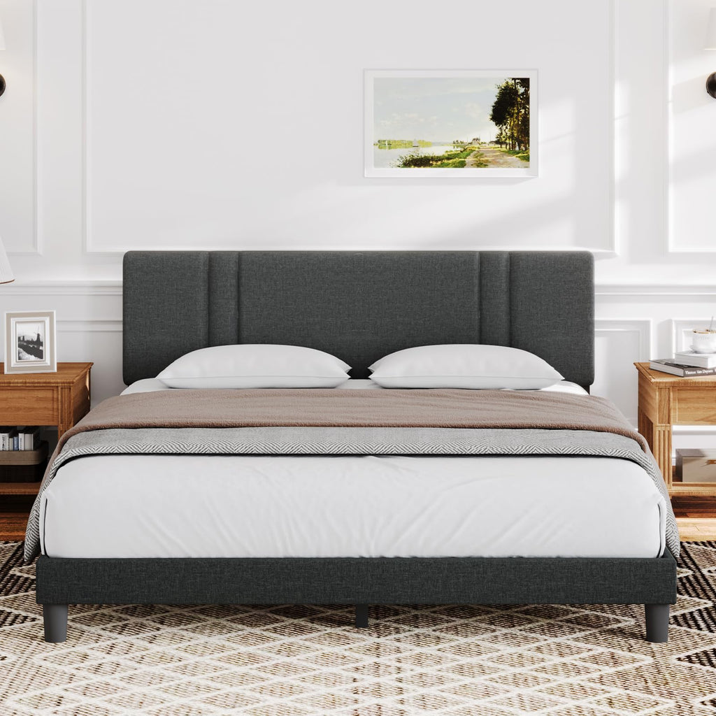 Novilla Queen Bed Frame with Headboard, Bed Frame Queen Size with Wood Slats Support,Linen Upholstered Adjustable Headboard, No Box Spring Needed, Heavy Duty Feet, Easy Assembly, Beige