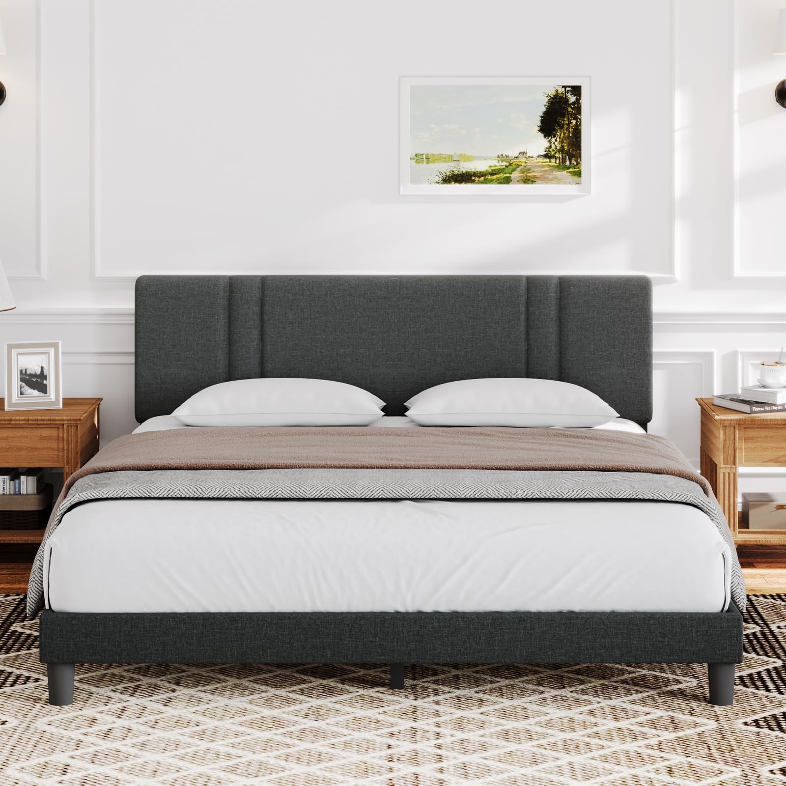 Novilla Queen Bed Frame with Headboard, Bed Frame Queen Size with Wood Slats Support,Linen Upholstered Adjustable Headboard, No Box Spring Needed, Heavy Duty Feet, Easy Assembly, Beige