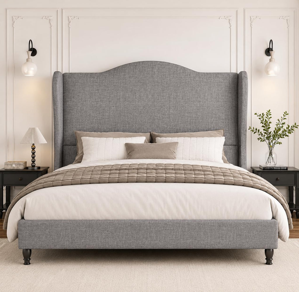 Queen Size Bed Frame with 50.4" Tall Wingback Headboard, Upholstered Platform Bed Frame with Arched Tufted Design, No Box Spring Needed, 1000lbs Heavy Duty Support, Easy Assembly, Light Grey