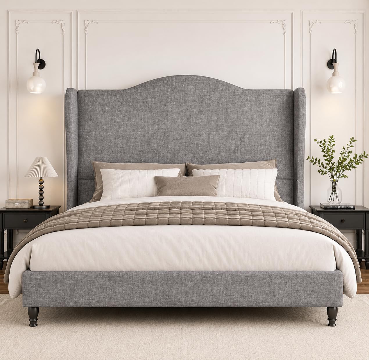 Queen Size Bed Frame with 50.4" Tall Wingback Headboard, Upholstered Platform Bed Frame with Arched Tufted Design, No Box Spring Needed, 1000lbs Heavy Duty Support, Easy Assembly, Light Grey