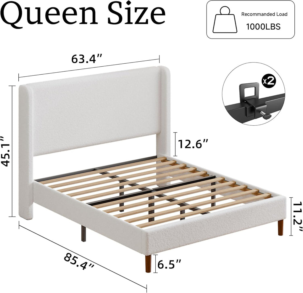 Queen Boucle Upholstered Platform Bed Frame with Adjustable Wingback Headboard, Cloud Bed with Solid Wood Legs, No Box Spring Needed, Easy Assembly, White