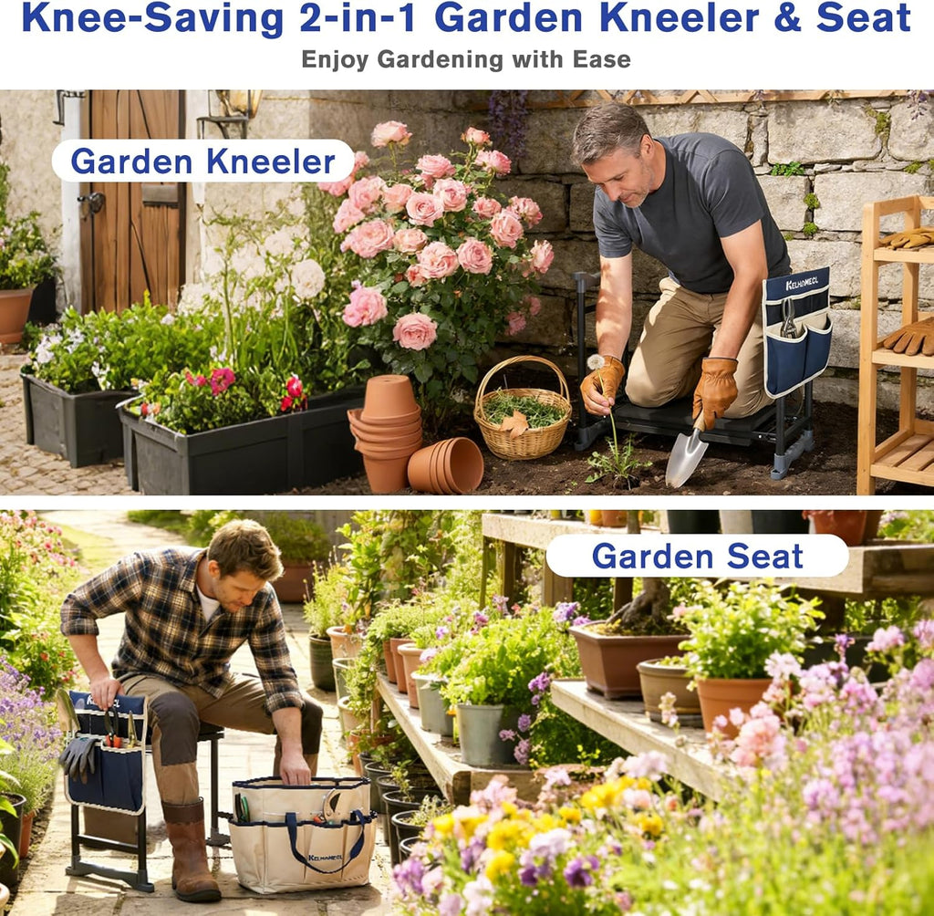 Garden Kneeler and Seat, Extra Wide Thick EVA Pad, Heavy Duty Foldable Garden Bench Holds 350lbs, Ergonomic Kneeling Stool with Garden Tool Pouches, Gardening Gifts for Women, Men & Seniors