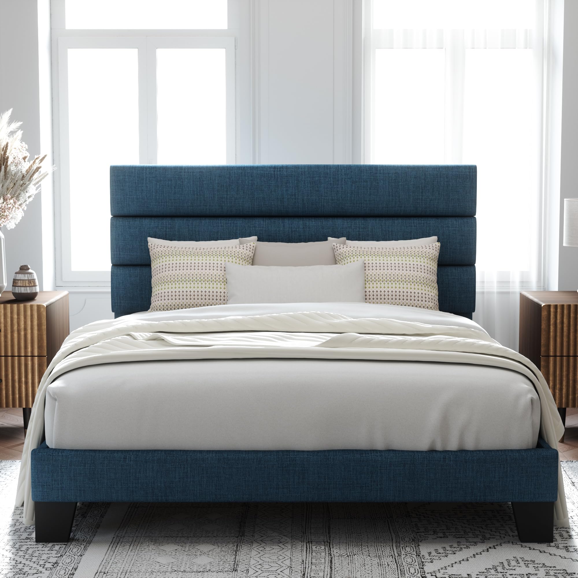 Allewie Full Size Platform Bed Frame with Fabric Upholstered Headboard and Wooden Slats Support, Fully Upholstered Mattress Foundation/No Box Spring Needed/Easy Assembly, Dark Grey