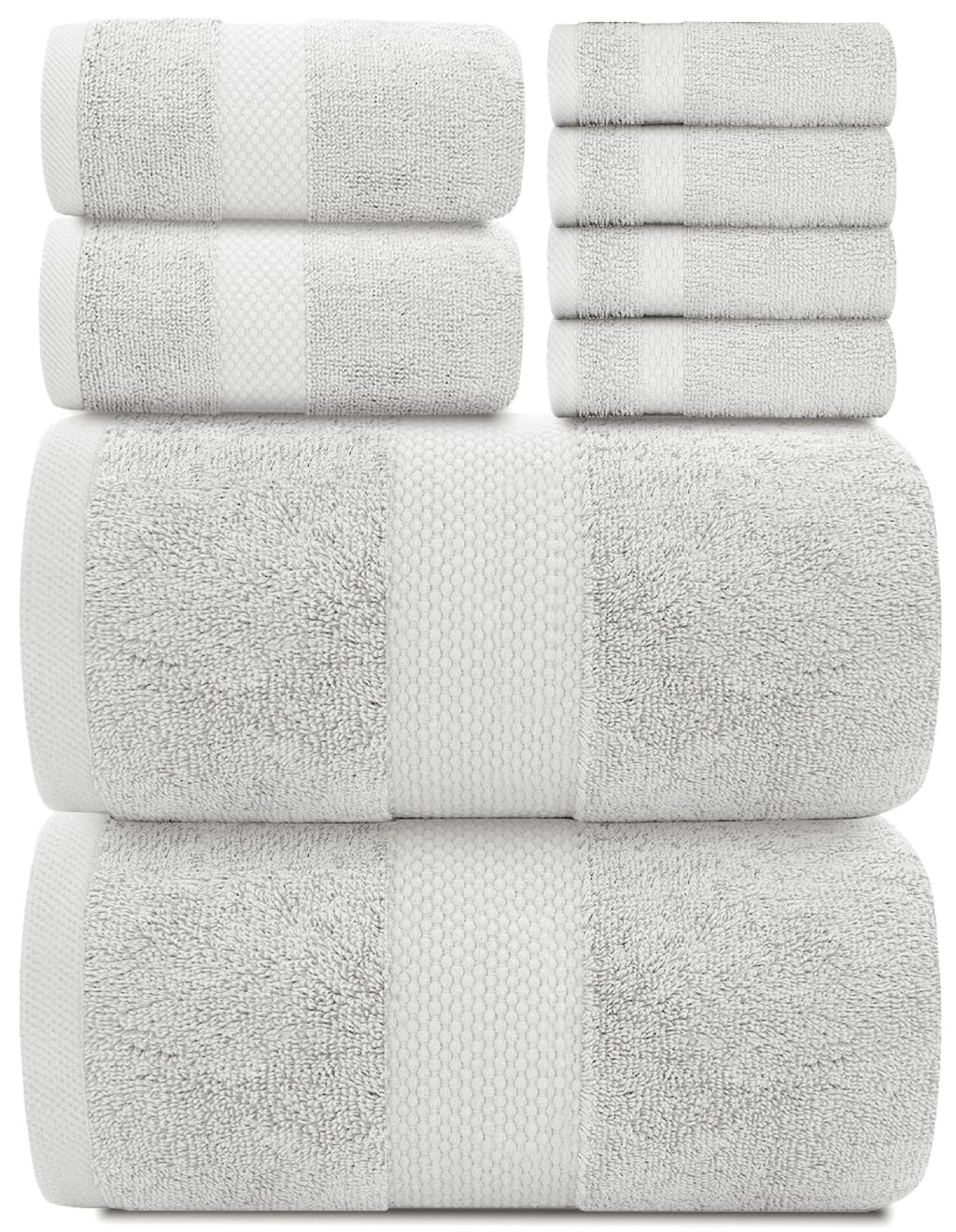 Luxury White Bath Towel Set of 8 Pieces - 100% Turkish Cotton 700 GSM Highly Absorbent Towels for Bathroom, 2 Bath Towels, 2 Hand Towels, 4 Washcloths