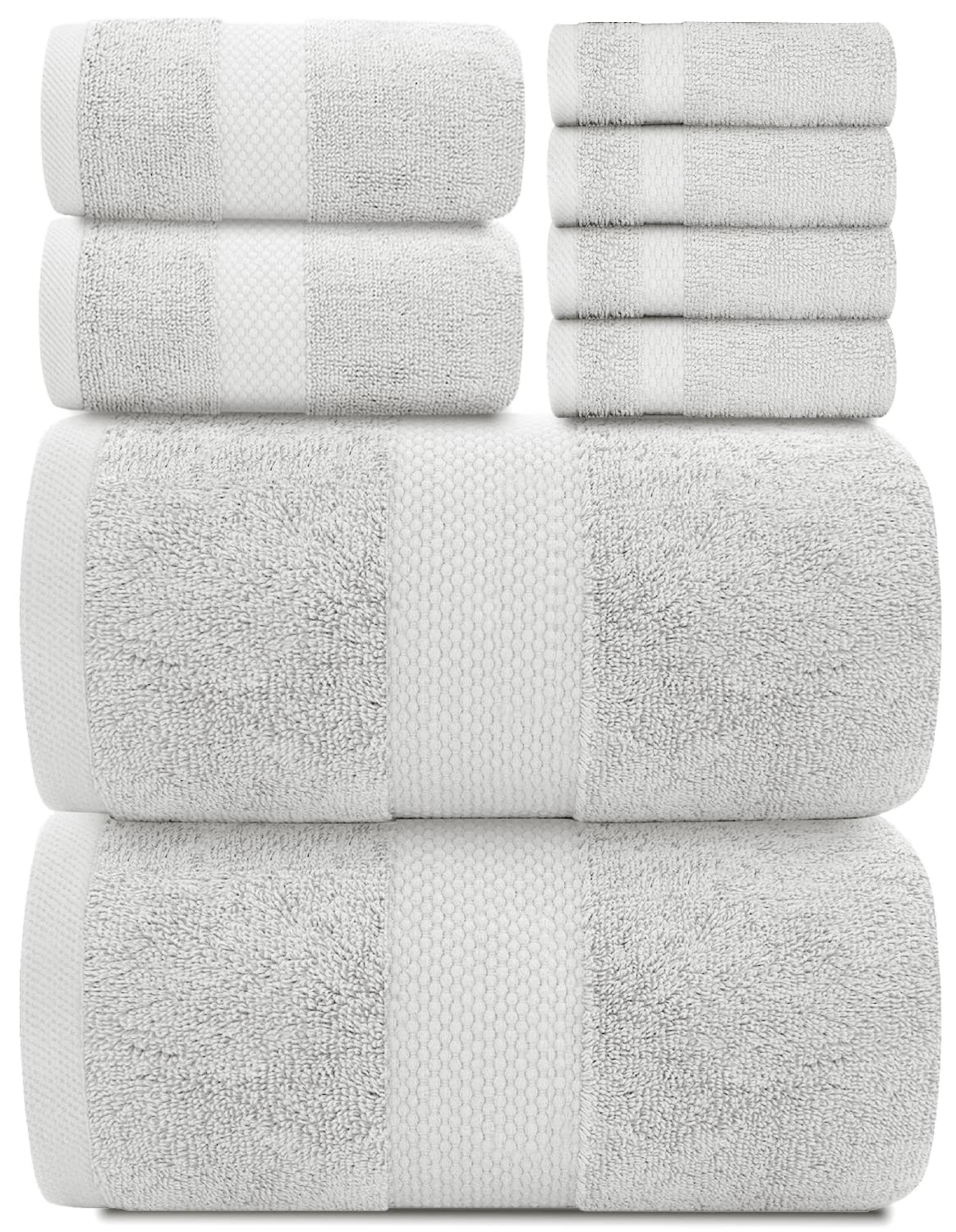 Luxury White Bath Towel Set of 8 Pieces - 100% Turkish Cotton 700 GSM Highly Absorbent Towels for Bathroom, 2 Bath Towels, 2 Hand Towels, 4 Washcloths