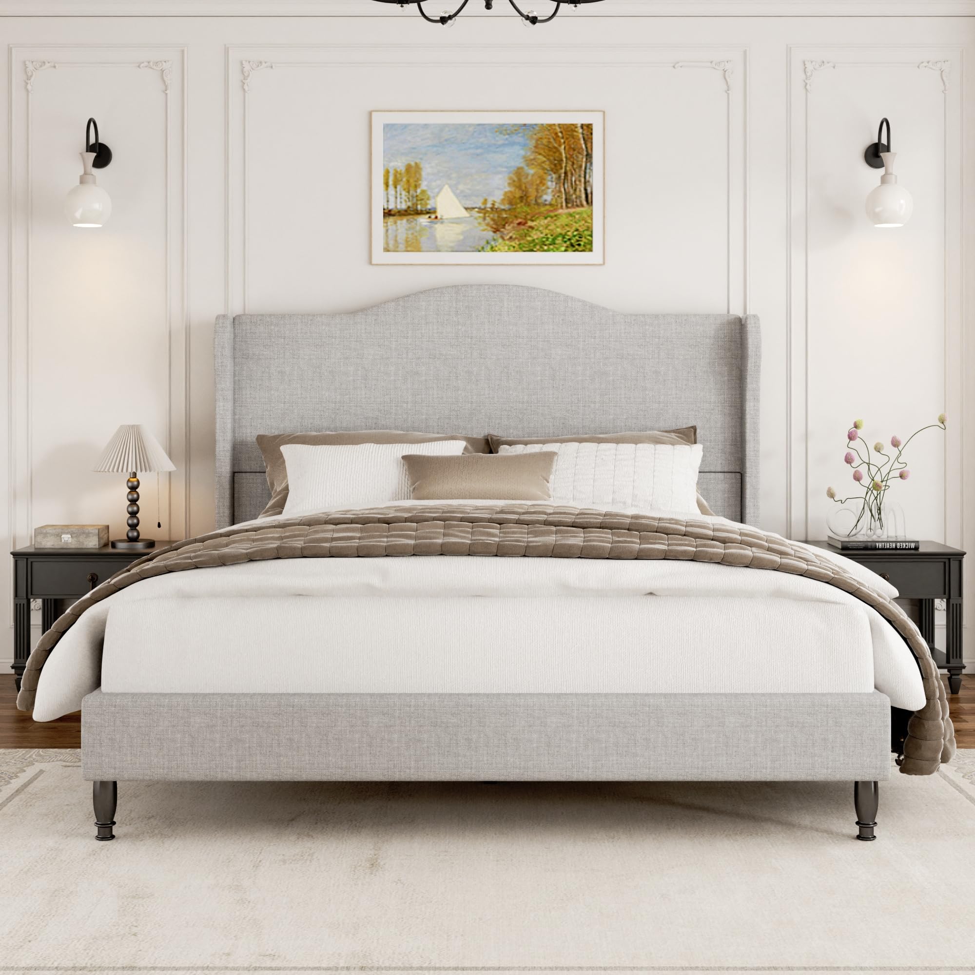 Queen Size Bed Frame with 50.4" Tall Wingback Headboard, Upholstered Platform Bed Frame with Arched Tufted Design, No Box Spring Needed, 1000lbs Heavy Duty Support, Easy Assembly, Light Grey