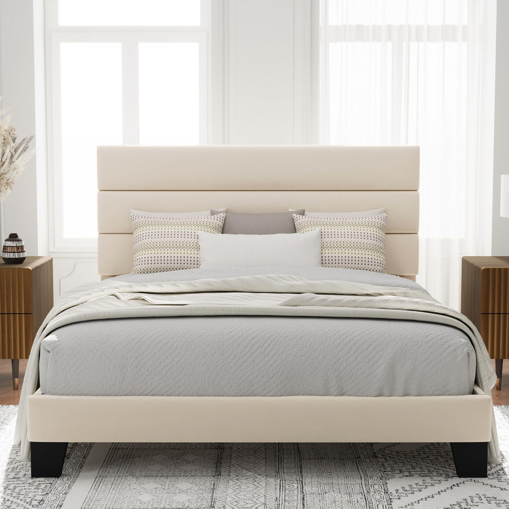 Allewie Queen Size Platform Bed Frame with Fabric Upholstered Headboard and Wooden Slats Support, Fully Upholstered Mattress Foundation/No Box Spring Needed/Easy Assembly, Dark Grey