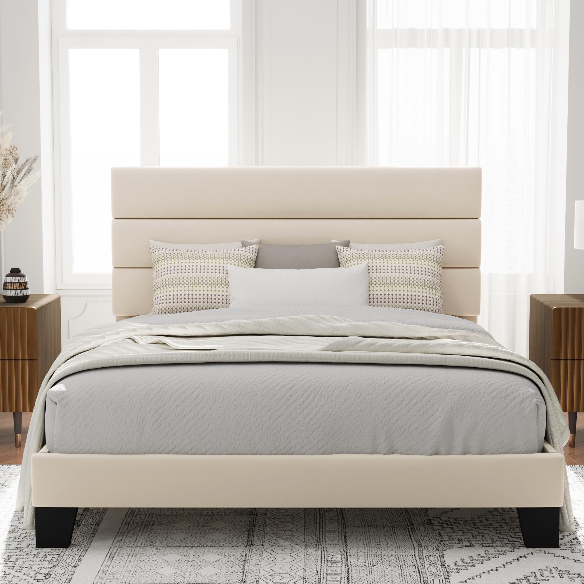 Allewie Queen Size Platform Bed Frame with Fabric Upholstered Headboard and Wooden Slats Support, Fully Upholstered Mattress Foundation/No Box Spring Needed/Easy Assembly, Dark Grey