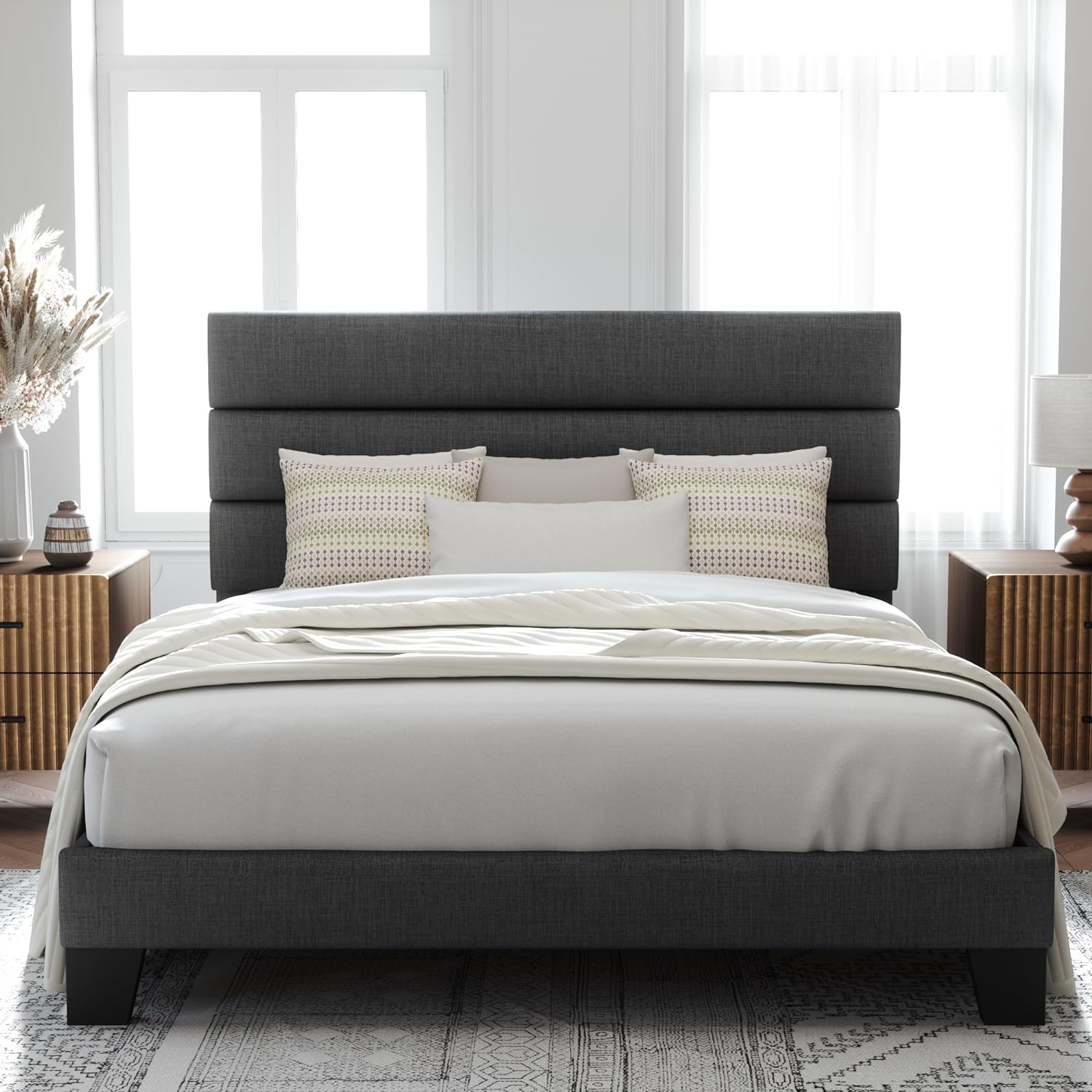 Allewie Full Size Platform Bed Frame with Fabric Upholstered Headboard and Wooden Slats Support, Fully Upholstered Mattress Foundation/No Box Spring Needed/Easy Assembly, Dark Grey
