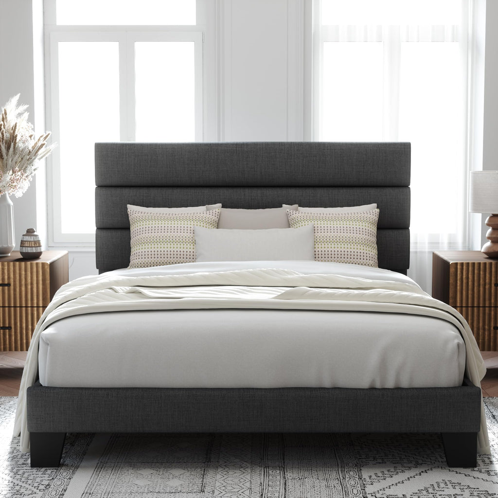 Allewie Queen Size Platform Bed Frame with Fabric Upholstered Headboard and Wooden Slats Support, Fully Upholstered Mattress Foundation/No Box Spring Needed/Easy Assembly, Navy Blue