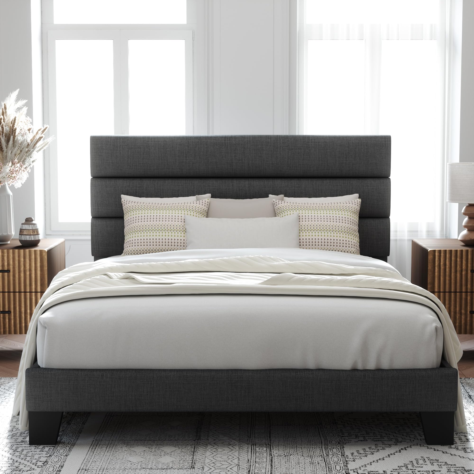 Allewie Queen Size Platform Bed Frame with Fabric Upholstered Headboard and Wooden Slats Support, Fully Upholstered Mattress Foundation/No Box Spring Needed/Easy Assembly, Navy Blue