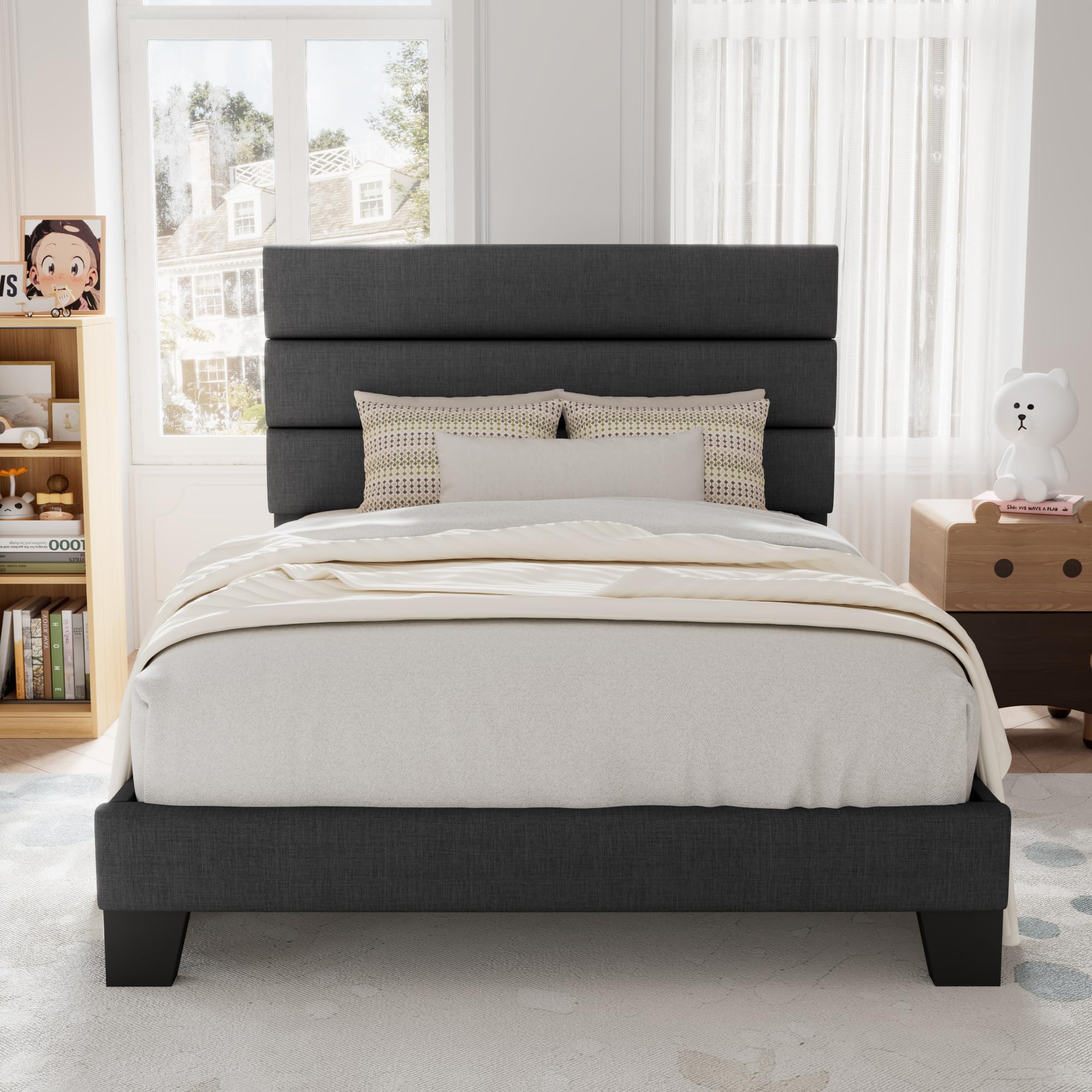 Allewie Queen Size Platform Bed Frame with Fabric Upholstered Headboard and Wooden Slats Support, Fully Upholstered Mattress Foundation/No Box Spring Needed/Easy Assembly, Navy Blue
