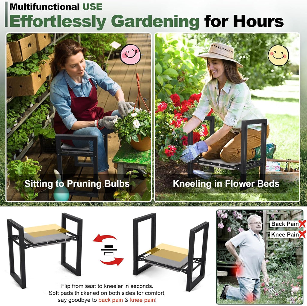 Foldable Heavy Duty Garden Kneeler Seat with Wide Pads & Ergonomic Handles, Anti-Tip Gardening Stool for Yard Planting
