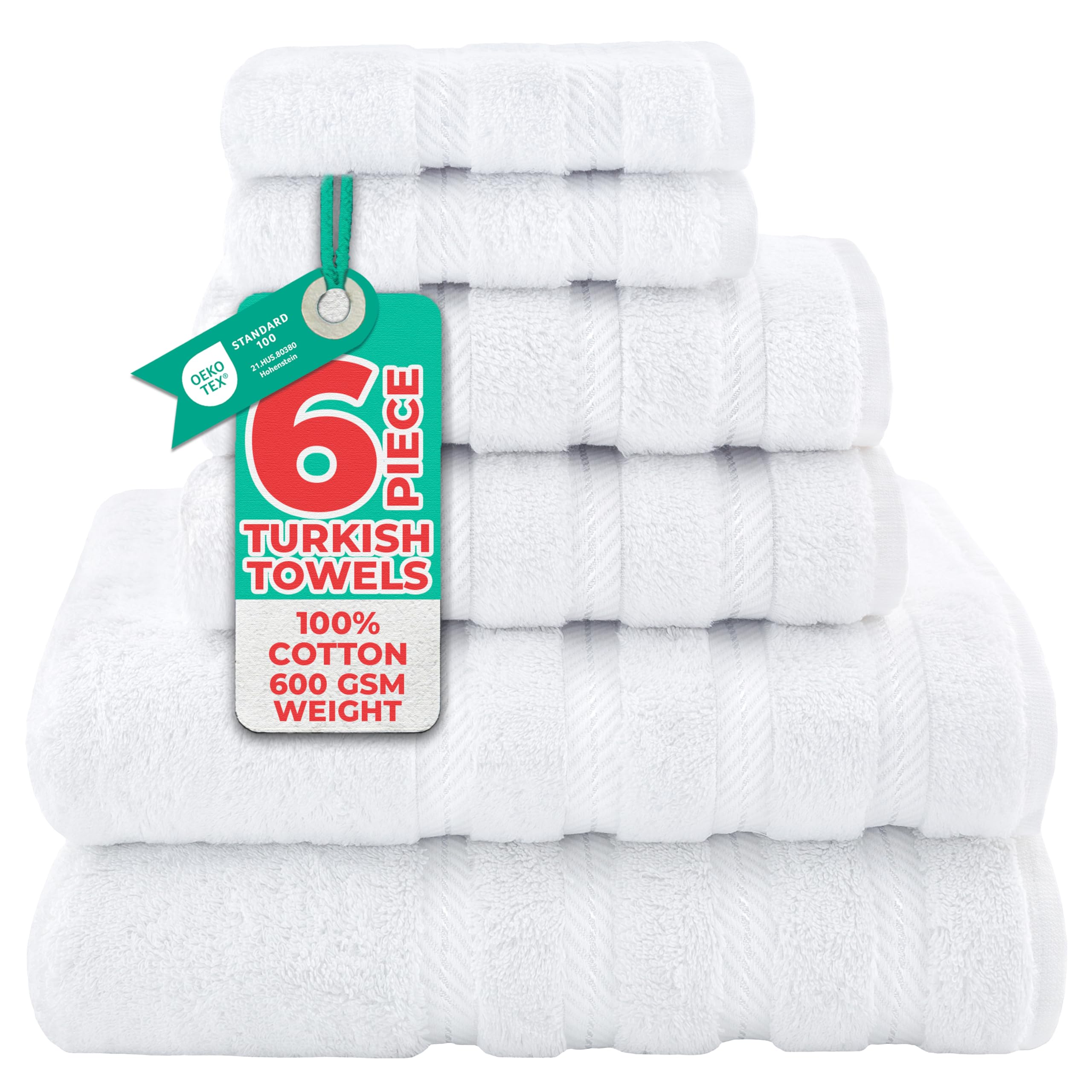 American Soft Linen Luxury 6 Piece Towel Set, 2 Bath Towels 2 Hand Towel 2 Washcloths, 600 GSM 100% Cotton Turkish Towels for Bathroom, Light Grey Towel Sets