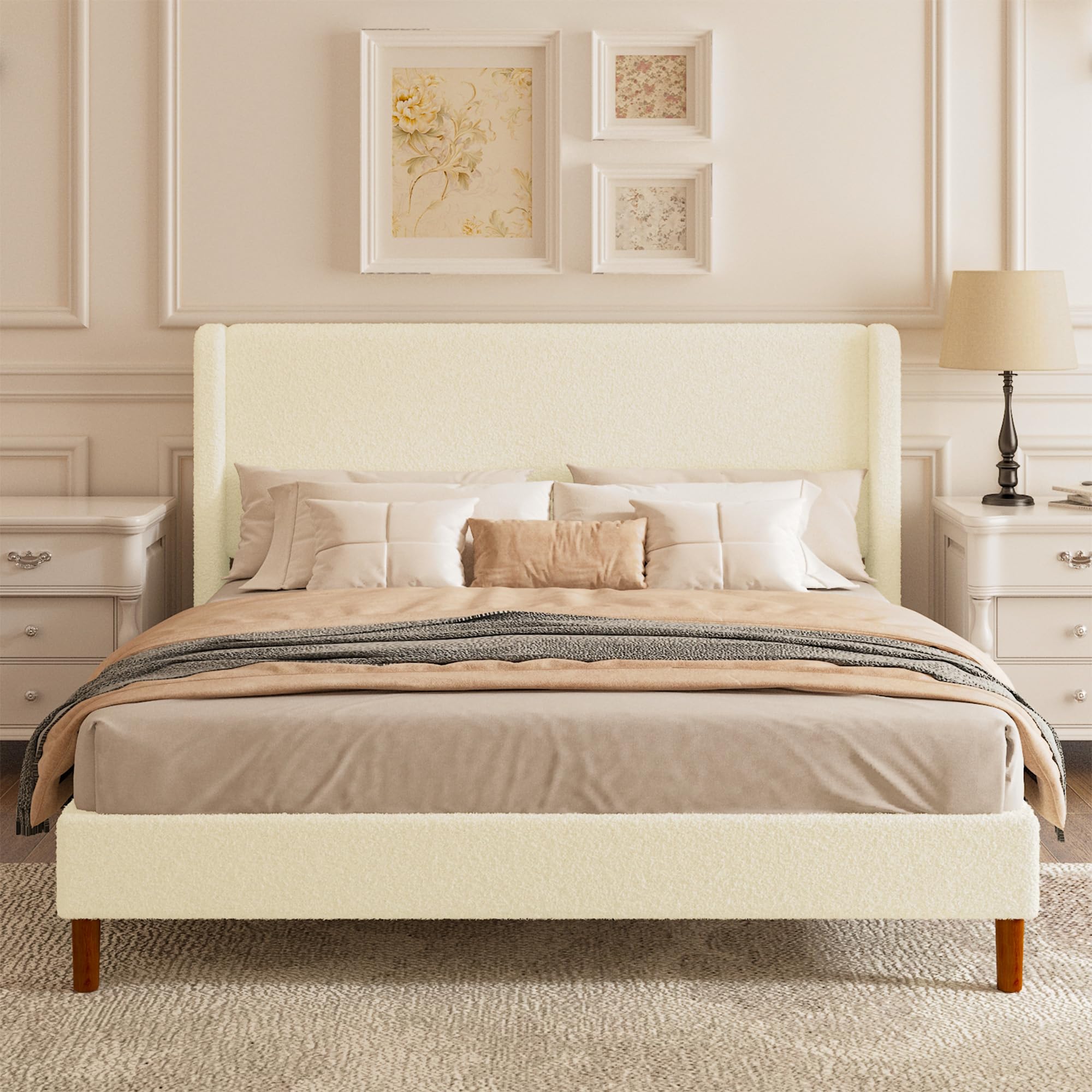 Queen Boucle Upholstered Platform Bed Frame with Adjustable Wingback Headboard, Cloud Bed with Solid Wood Legs, No Box Spring Needed, Easy Assembly, White