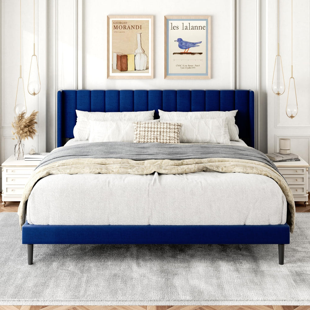 Gruwans Queen Size Bed Frame with Upholstered Wingback Headboard, Easy Assemnly Platform Bed, Wooden Slat Support No Box Spring Needed, Sand