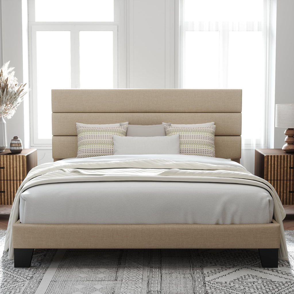 Allewie Full Size Platform Bed Frame with Fabric Upholstered Headboard and Wooden Slats Support, Fully Upholstered Mattress Foundation/No Box Spring Needed/Easy Assembly, Dark Grey