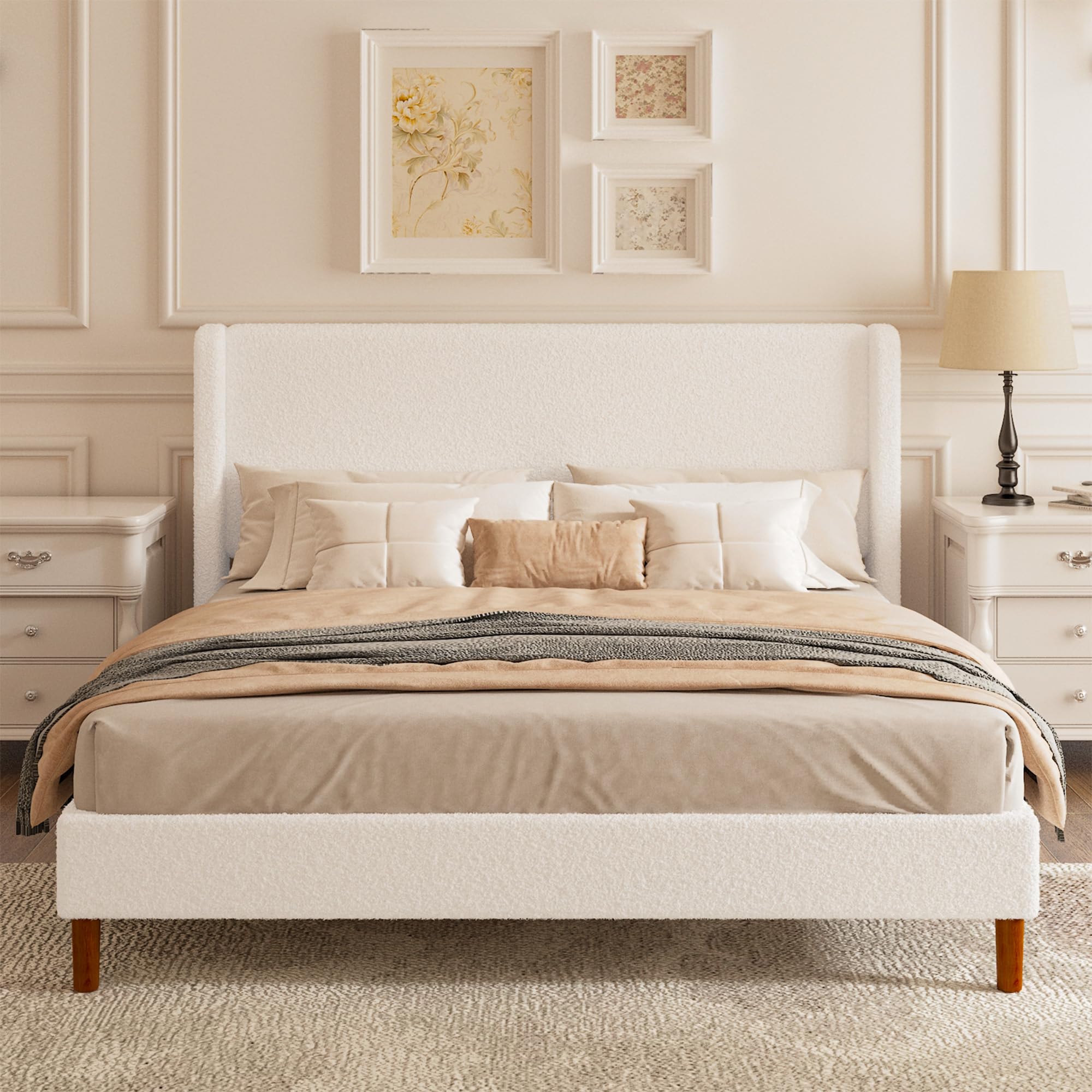 Queen Boucle Upholstered Platform Bed Frame with Adjustable Wingback Headboard, Cloud Bed with Solid Wood Legs, No Box Spring Needed, Easy Assembly, White