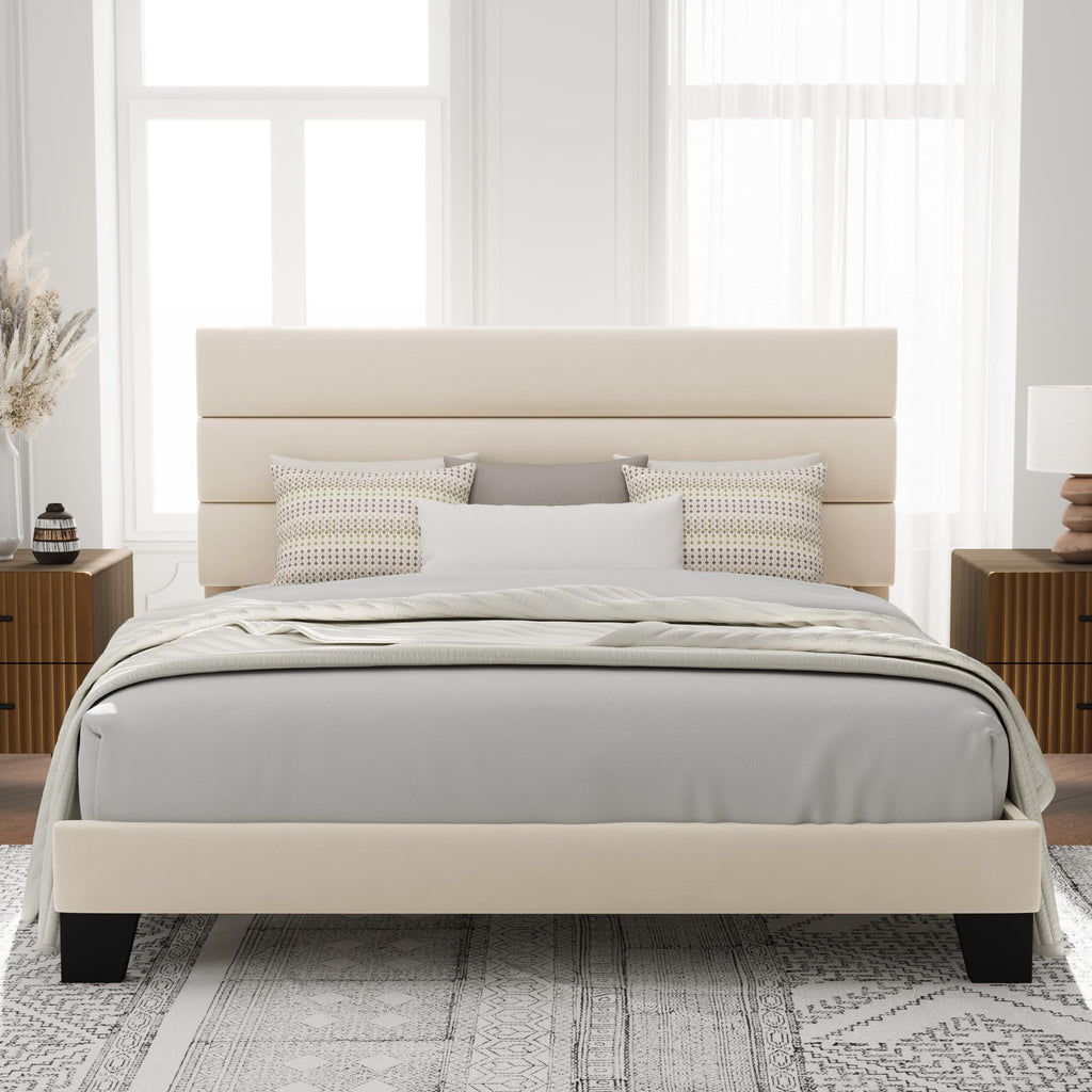 Allewie Queen Size Platform Bed Frame with Fabric Upholstered Headboard and Wooden Slats Support, Fully Upholstered Mattress Foundation/No Box Spring Needed/Easy Assembly, Dark Grey