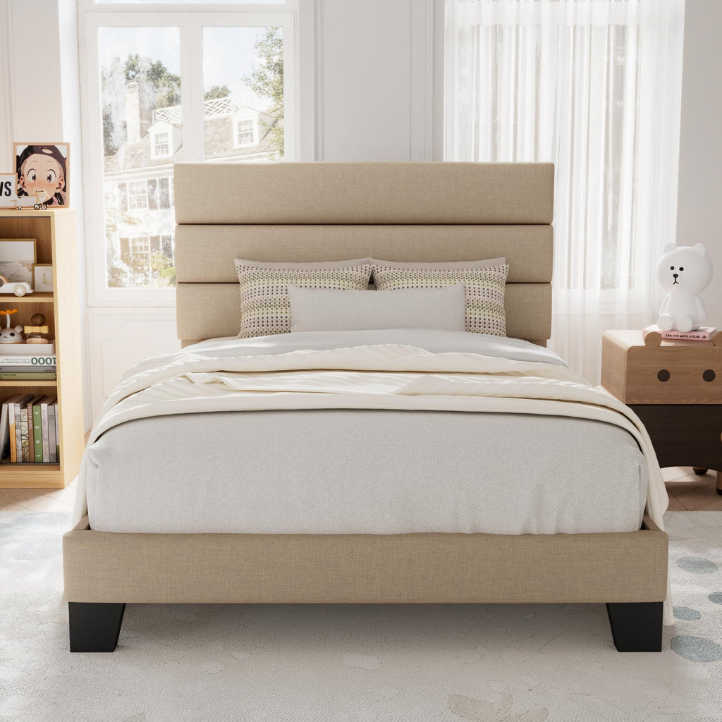 Allewie Full Size Platform Bed Frame with Fabric Upholstered Headboard and Wooden Slats Support, Fully Upholstered Mattress Foundation/No Box Spring Needed/Easy Assembly, Dark Grey