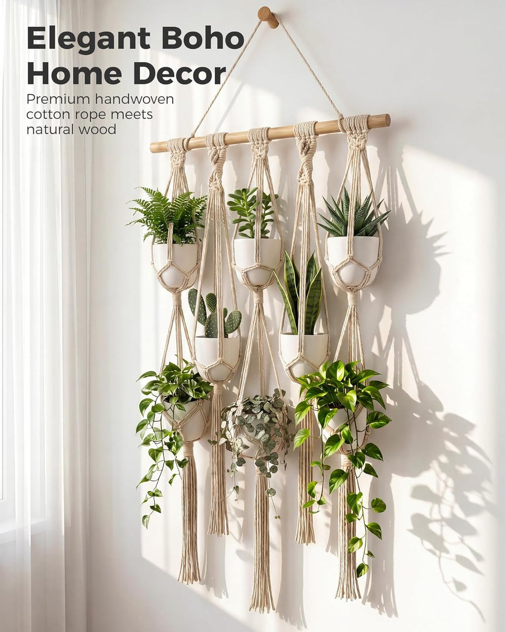 Bamworld Macrame Plant Hanger with Wooden Dowel Multi-Tier Hanging Planters for Indoor Plants Wall Mounted Hanging Plant Holder with 8 Pockets Boho Hanging Baskets for Wall Decor(Pot Not Included)