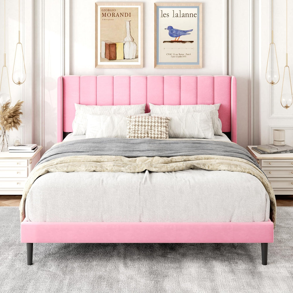 Gruwans Queen Size Bed Frame with Upholstered Wingback Headboard, Easy Assemnly Platform Bed, Wooden Slat Support No Box Spring Needed, Sand