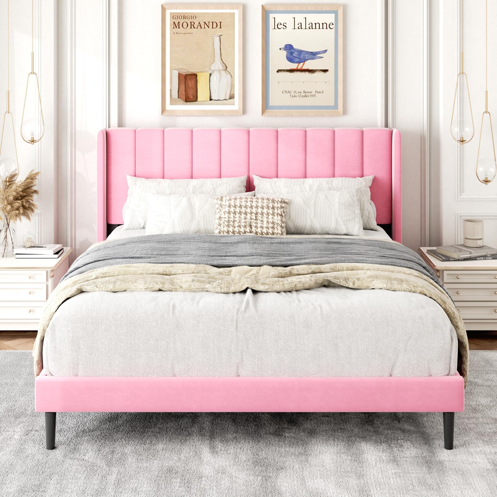 Gruwans Queen Size Bed Frame with Upholstered Wingback Headboard, Easy Assemnly Platform Bed, Wooden Slat Support No Box Spring Needed, Sand