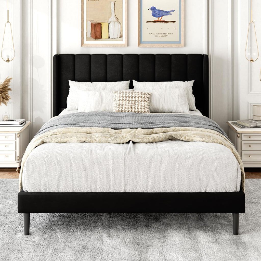 Gruwans Queen Size Bed Frame with Upholstered Wingback Headboard, Easy Assemnly Platform Bed, Wooden Slat Support No Box Spring Needed, Sand