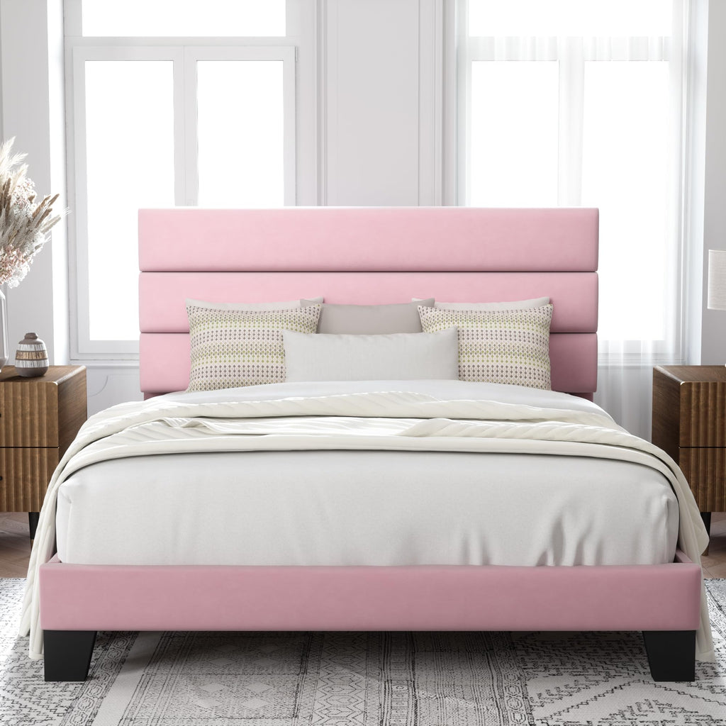 Allewie Queen Size Platform Bed Frame with Fabric Upholstered Headboard and Wooden Slats Support, Fully Upholstered Mattress Foundation/No Box Spring Needed/Easy Assembly, Navy Blue